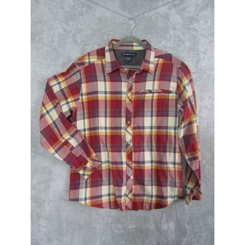 ExOfficio Mens Plaid Flannel Button Up Shirt Red Yellow Blue‎ Pocket XL